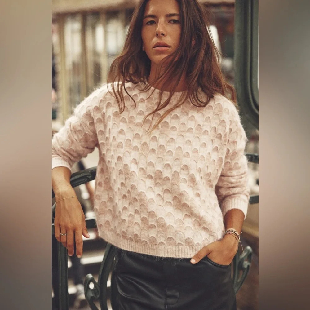 ZARA WOOL AND ALPACA BLEND KNIT SWEATER WITH‎ LAYERED PRINT S Cream